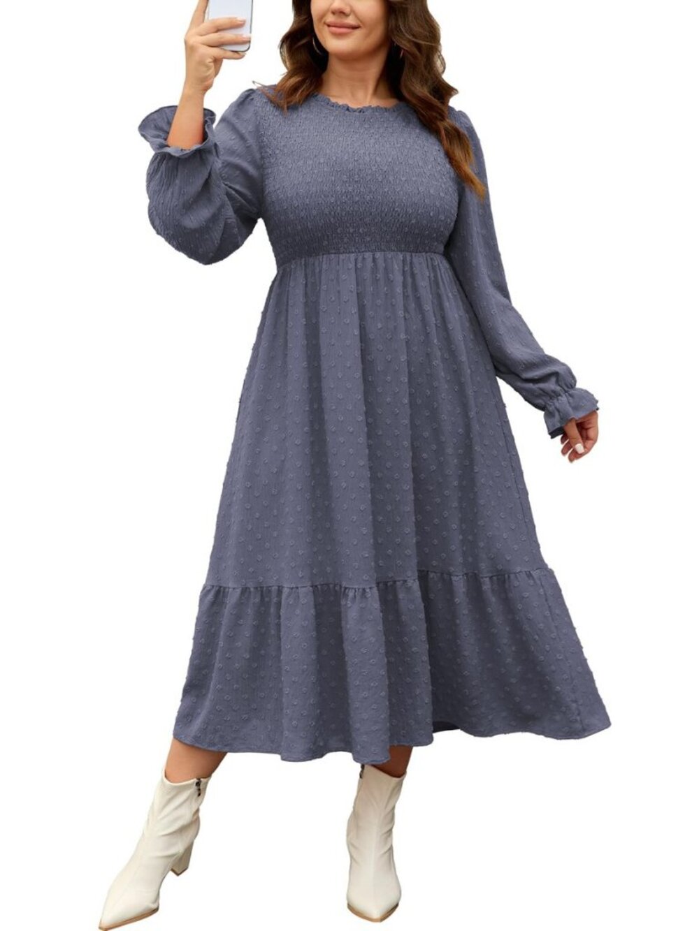 Plus Size Fall Dresses for Women, Long Sleeve Swiss Dot Boho Maxi Dress